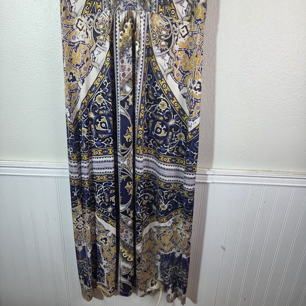 One World Womens XL Boho Maxi Dress Rhinestone Embellished Blue Lace Back - Picture 6 of 12